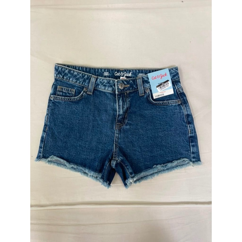 Cat & Jack Girls Medium Wash Denim Shorts Frayed Hem Stretch Size L 10/12